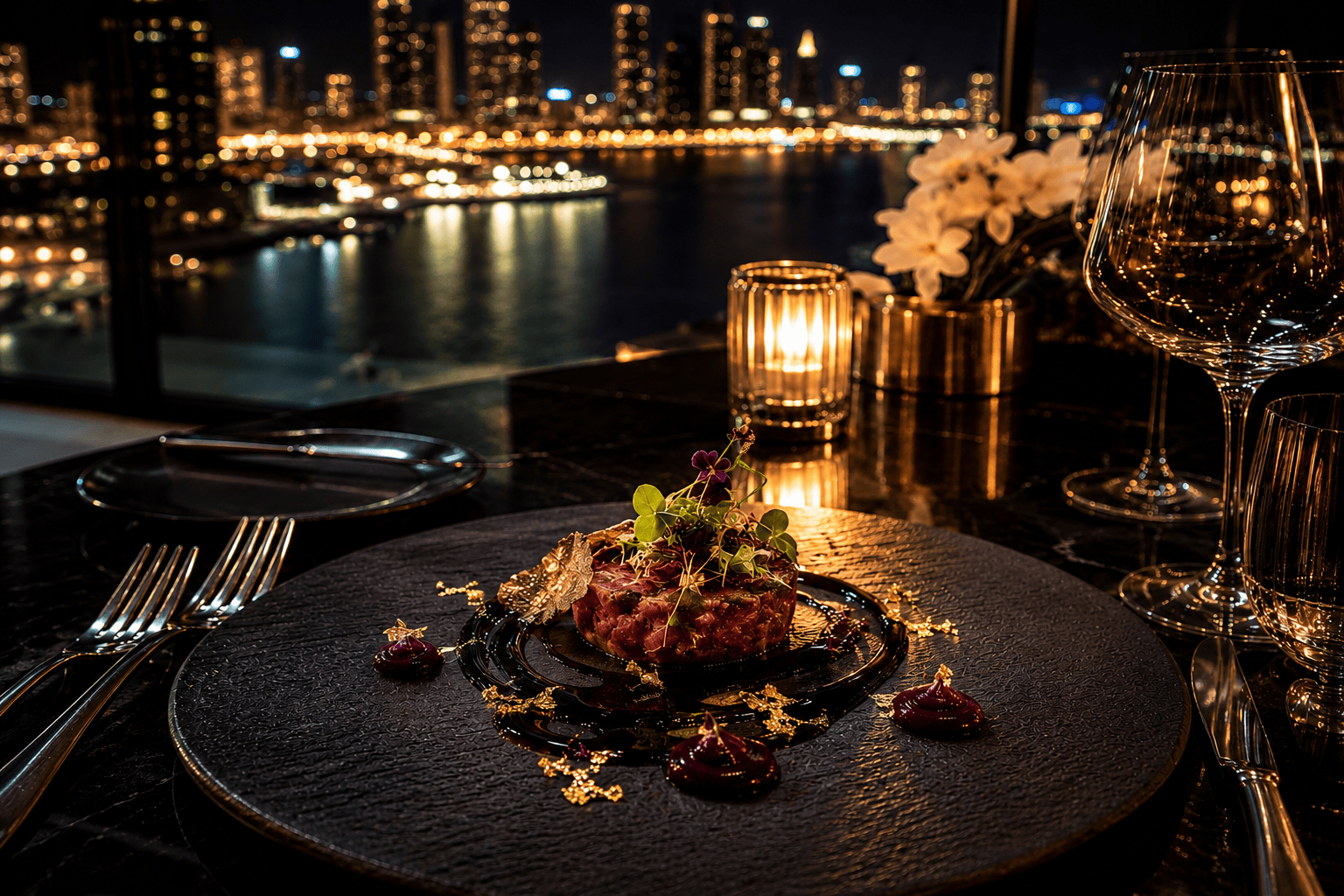 Luxurious fine dining setup in Pensacola with gourmet seafood dishes and elegant ambiance
